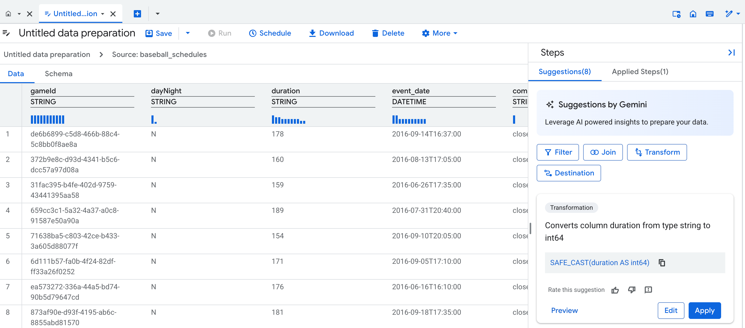 Data view in the data preparation editor