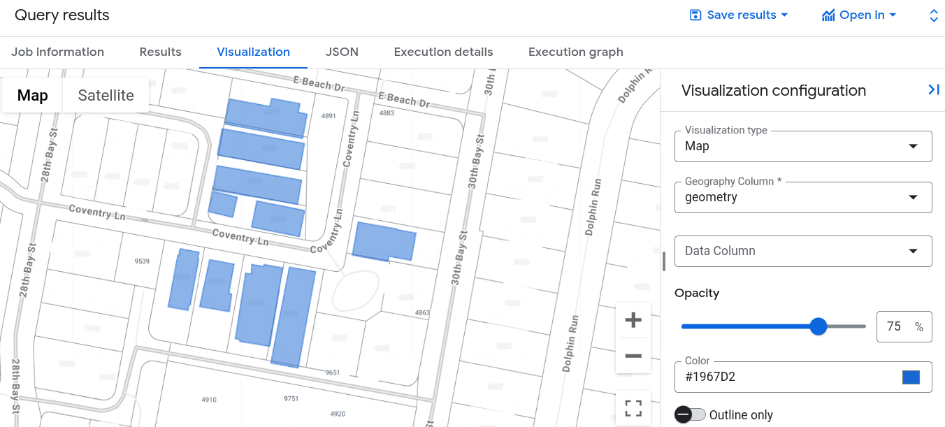 Geospatial data visualized in BigQuery.
