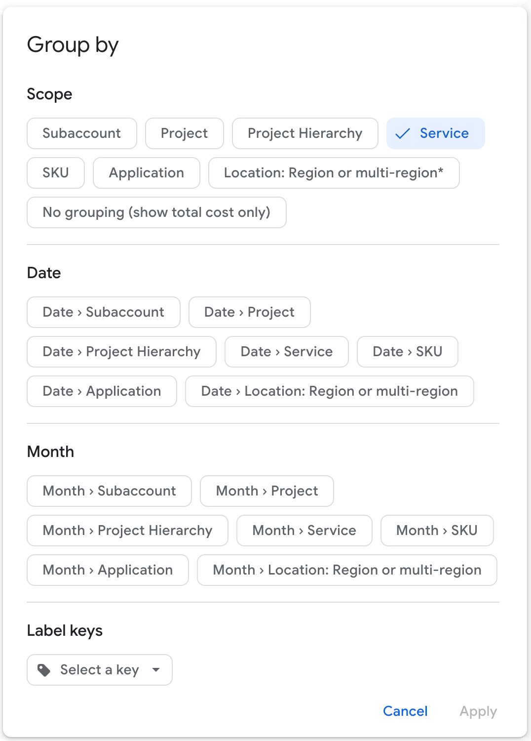 Configuring the Group by filter.