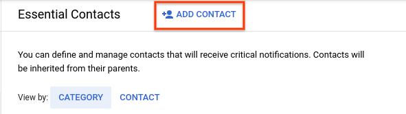 Screenshot of the Essential Contacts page Add Contact menu option