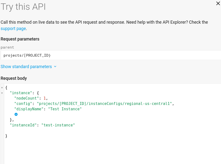 Instance creation page in the Try-It! feature